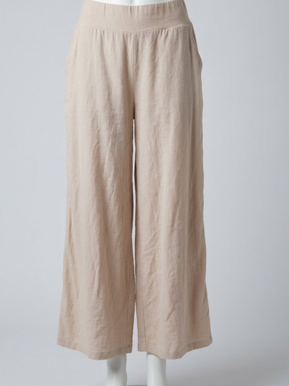 Linen-Blend Smocked Waist Wide Leg Pants Beige Tan Size Small